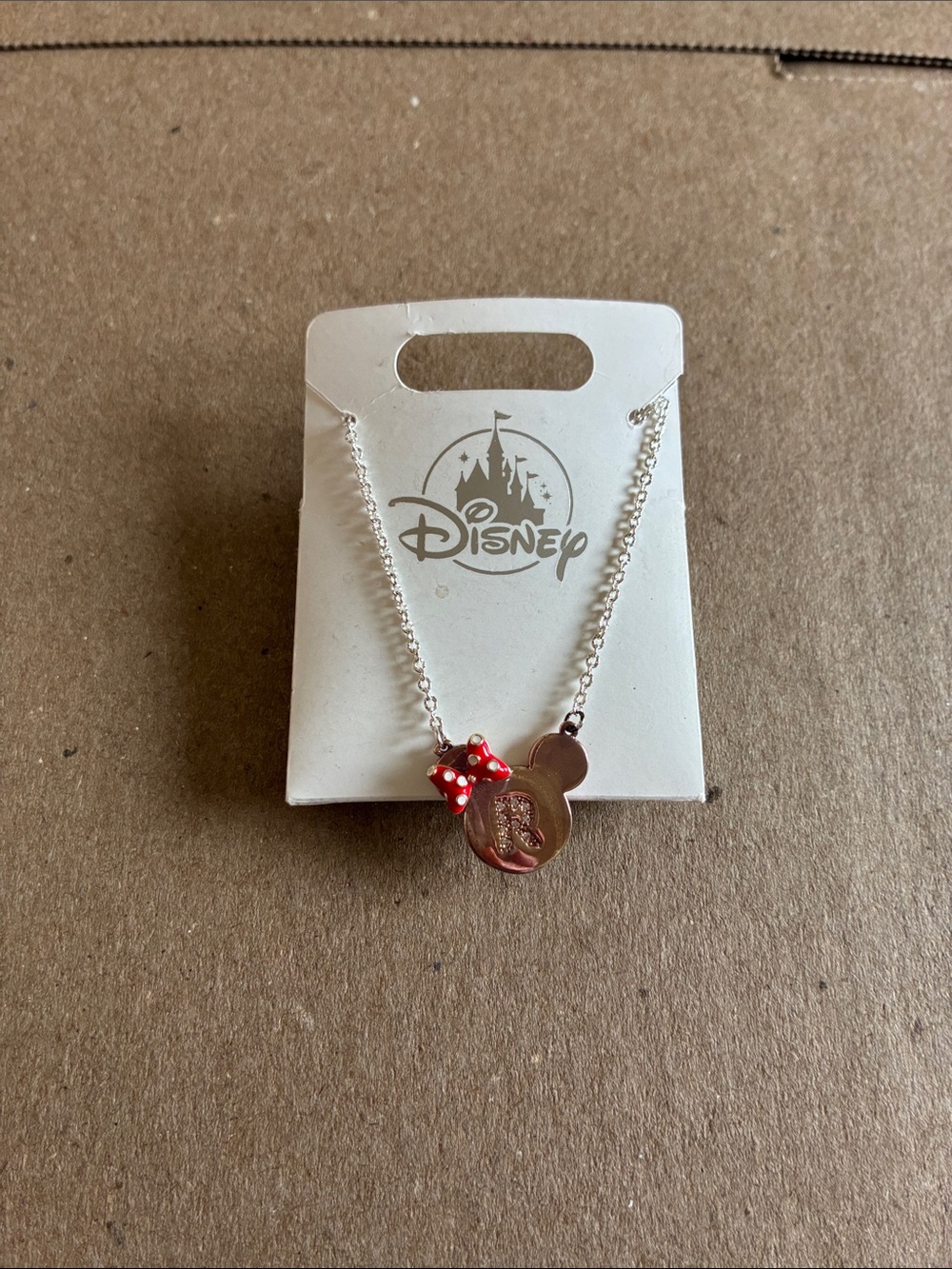 Disney Silver Minnie Mouse Pendant Necklace with Red Bow and the letter “R”